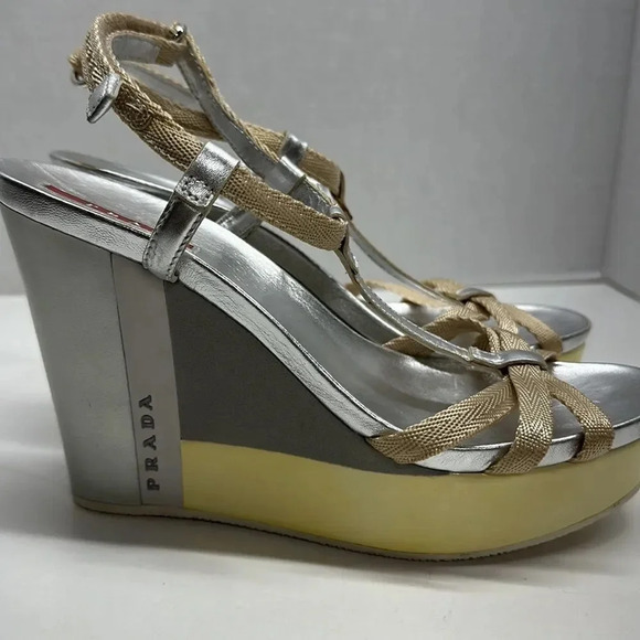 Prada Wedges T-Strap Open Toe High Heel Shoes Leather Yellow Silver Size 38 US 8 - Picture 4 of 12